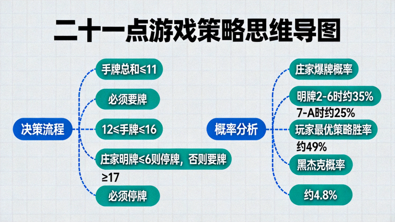 二十一点游戏策略思维导图 - 展示决策流程与概率分析